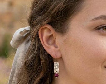 Sterling Silver Dangle Earrings, Hammered Silver Bar Earrings, Red Stone Jewelry, 15mm Silver Rectangles, Handmade Gift for Women, Small