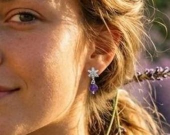 Sterling Silver Amethyst Flower Drop Earrings, Lavender Boho Jewelry
