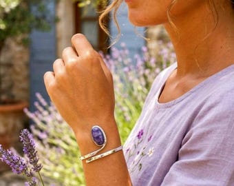 Hand Hammered Sterling Silver Charoite Cuff Bracelet, Siberian Purple Gemstone Spiral Bangle