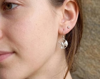 Sterling Silver Chameleon Leaf Earrings, Art Nouveau Animal Dangles