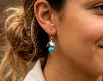 Handmade Sterling Silver Fuchsia Turquoise Earrings: Unique Hand-Forged Floral Design with Natural Stone