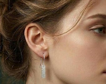 Sterling Silver Hammered Bar Dangle Earrings, Wavy Textured Rectangular Drops
