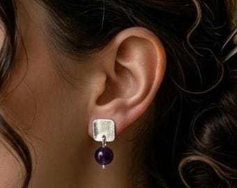 Artisan Sterling Silver Square Amethyst Dangle Earrings – Hammered Modern Jewelery