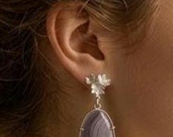 Handmade Sterling Silver Lavender Agate Earrings, Art Nouveau Botanical Floral Dangles