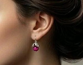 Hand-Forged Sterling Silver Fuchsia Flower Earrings, Natural Magenta Agate Botanical Dangle