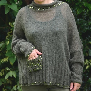 Sequin Mohair Pullover: Khaki Green Oversized Knit Jumper, Custom Colors