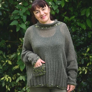 Оversized Delicate Mohair Women Pullover with Sequins for All Seasons, Khaki Green Wool Mohair Jumper