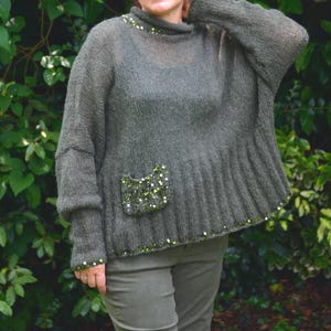 Green Hand Knitted Women Jumper, Sequin Mohair Sweater Oversized, Fuzzy Spiderweb Design
