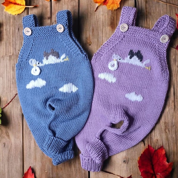 Hand Knitted Baby Cotton Dungaree - Stork Embroidered Overalls, Newborn Keepsake