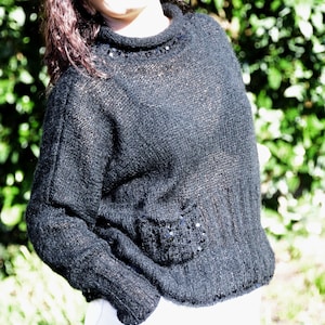Оversized Delicate Mohair Women pullover with Sequins for All Seasons, Black Wool Mohair Jumper