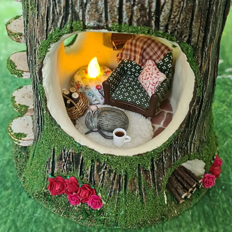 Two Storey Handmade Tree Dollshouse Tree Stump Mouse House Fairy Tree