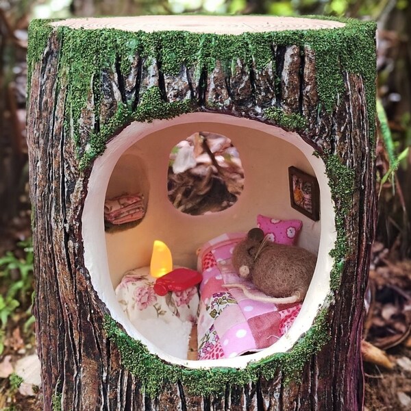 Two Storey Mouse House with Red Roses | Tree Dollshouse | Fairy Tree House | Brambly Hedge