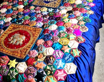 Éléphant ethnique indien fait main exquis patchwork étoiles double courtepointe