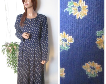 Vintage 1980s Nightingales Midi Prairie Dress Blue Yellow Floral Cord UK 16 US 12 EU 44