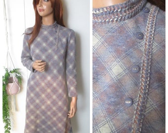 Vintage 1970s Check Plaid Asymmetric High Neck Shift Dress Mod Long Sleeve UK 12 US 8 EU 38