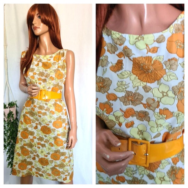 Vintage 1960er Jahre Orange Gelb Flower Power Floral Nylon Shift Kleid UK 20 22 US 16 18 EU 48 50