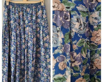 vintage Jupe longue midi plissée fleurie bleue en laine fine Liberty Plus