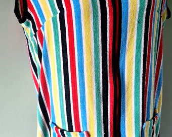 Vintage XL multi colour towelling zip up beach dress cover up deckchair stripes