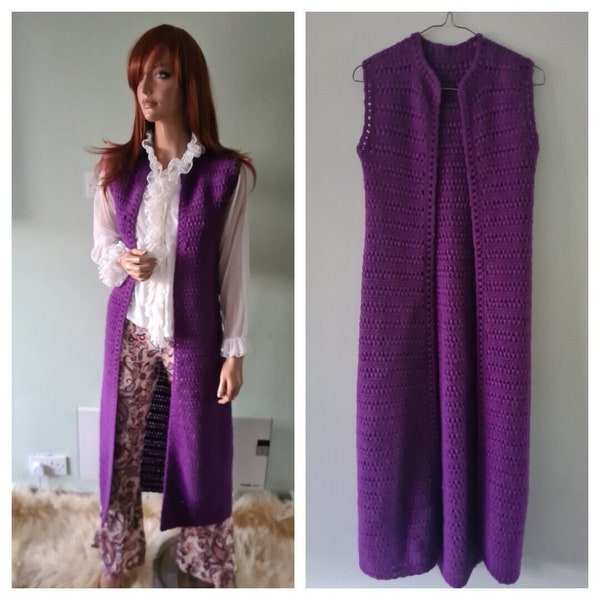vintage tricoté à la main petit violet long crochet maxi gilet sans manches kimono