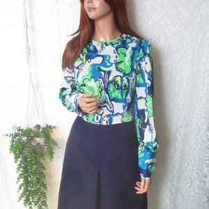 Vintage jaren 1960 Mod Psych Scooter Blauw Groen A-lijn Plooi UK 12 US 8 EU 40 Retro 60s