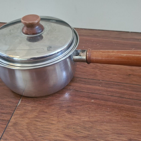 Vintage Copper Bottom Wooden Teak Handle Prestige Lifetime Saucepan 6.5in