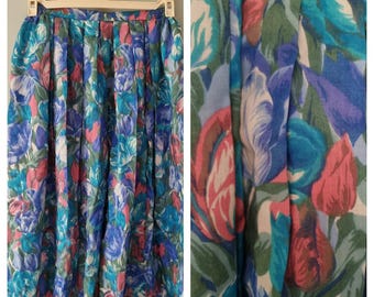 vintage Jupe longue midi plissée fleurie bleue en laine fine Liberty Plus