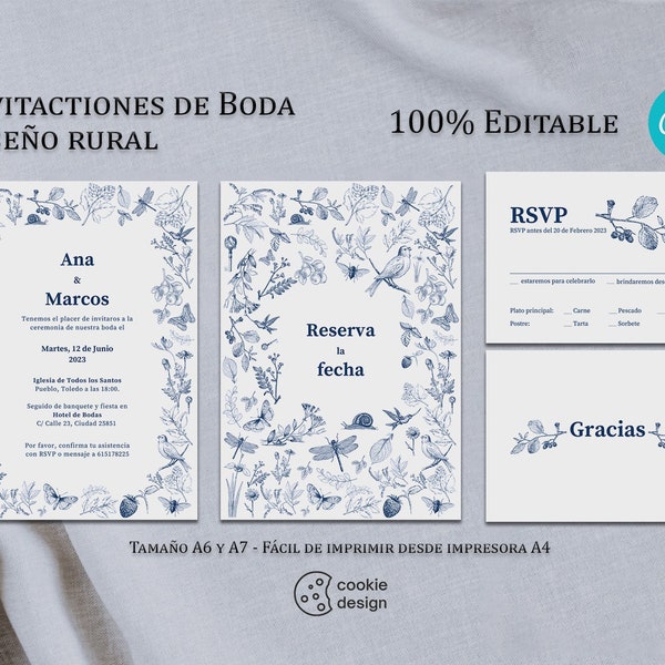 Invitaciones de Boda + RSVP - Diseño Grabado Botánico - 100% Editable en Canva - Plantilla invitación de boda elegante - Imprimible A6 y A7