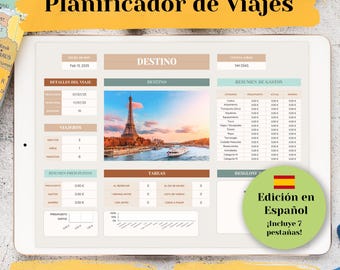 Op de afbeelding: Een digitaal tabletscherm dat een reisplanner-sjabloon in het Spaans weergeeft. De sjabloon bevat secties voor reisdetails, bestemming, budget en taken. De sjabloon is ontworpen voor gebruik met Google Sheets of Excel. De afbeelding bevat ook een Spaanse vlag en de tekst "Edición en Español ¡Incluye 7 pestañas!"