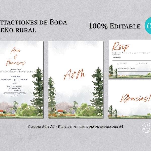 Invitaciones de Boda + RSVP - Diseño Rural Acuarela - 100% Editable en Canva - Plantilla invitación de boda rústica - Imprimible en A6 y A7