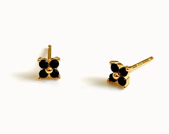 Black Flower 4mm cz earrings, Flower studs, Gold earrings, Dainty gold earrings, Small minimalist earrings, Stud earrings, Leaf Earrings
