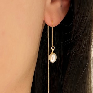 Long Pin Freshwater Pearl Drop Studs, Minimalist, Delicate hoops, Dainty hoops, Minimalist jewelry, Threader earrings, Pearl earrings