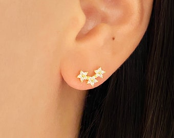 Triple Flower cz stud earrings, Flower cz stud, Star earrings, Dainty gold earrings, Tiny minimalist earrings, Stud earrings, Minimalist