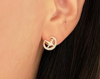 Moon Star cz stud earrings, Celestial moon star studs, Star earrings, Dainty gold earrings, Moon minimalist earrings, Stud earrings