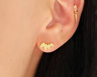 Flower link cz stud earrings, Flower studs, Gold leaf earring, Dainty gold earring, Father earrings, Minimalist earrings, Stud earrings