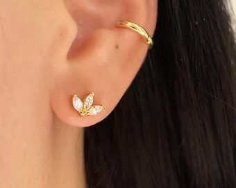 Triple leaf cz stud earrings, Flower cz studs, Dainty gold earrings, Small minimalist earrings, Earrings studs, Leaf earrings, Studs