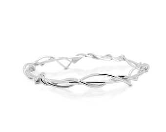 Sterling silver entwined organic style bangle, handmade in the UK