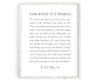 For What Its Worth Print, F. Scott Fitzgerald Quote, Graduation Gift, Dorm Decor, Literary Print, Motivational Quote, Inspirational Quote