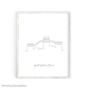 May include: A black and white line drawing of the Great Wall of China. The drawing is simple and elegant, and it would look great in any home.