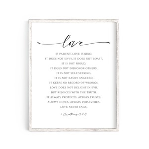 Love Is Patient Love Is Kind Print, Bible Verse Wall Art, 1 CORINTHIANS 13:4-8, Wedding Gift, Scripture, Christian, Poster, Valentine Quote