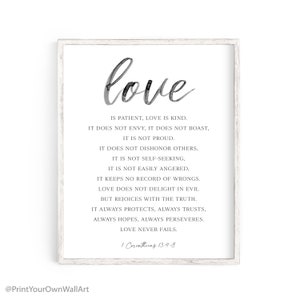 Love Is Patient Love Is Kind Print, Bible Verse Wall Art, 1 CORINTHIANS 13:4-8, Wedding Gift, Scripture, Christian, Poster, Valentine Quote
