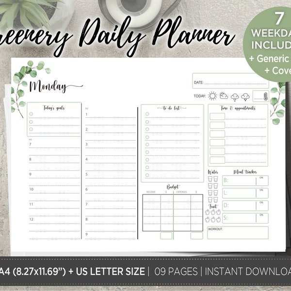 Greenery daily planner printable. Daily routine planner Botanical decor, use for desk pad or digital insert on GoodNotes. A4 and Letter size