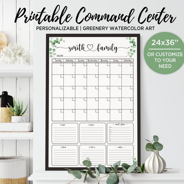 Greenery wall routine organizer to print, Personalized Command Center for busy families, Custom calendar and wall planner DIGITAL FILE CCEP