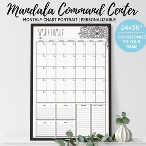 Mandala art family wall organizer printable, Zen wall art with personalized calendar for house management 24x36 DIGITAL FILE