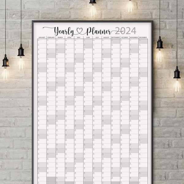 Printable 2024 Wall Calendar minimalist, 2024 Annual Planner, 2024 Wall Planner Black-White design, Year Planner 24x36 and A1 size WCBW