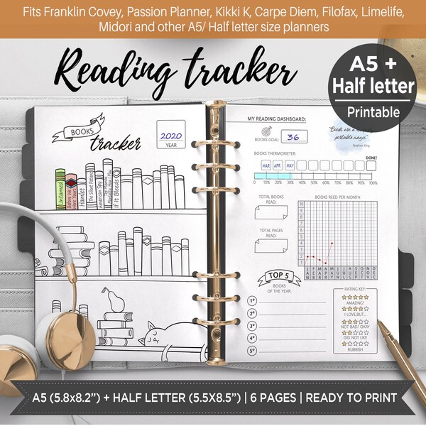 Reading journal insert printable, Book tracker journal, Reading journal pages, Printable book tracker a5 size and Half page - ERT