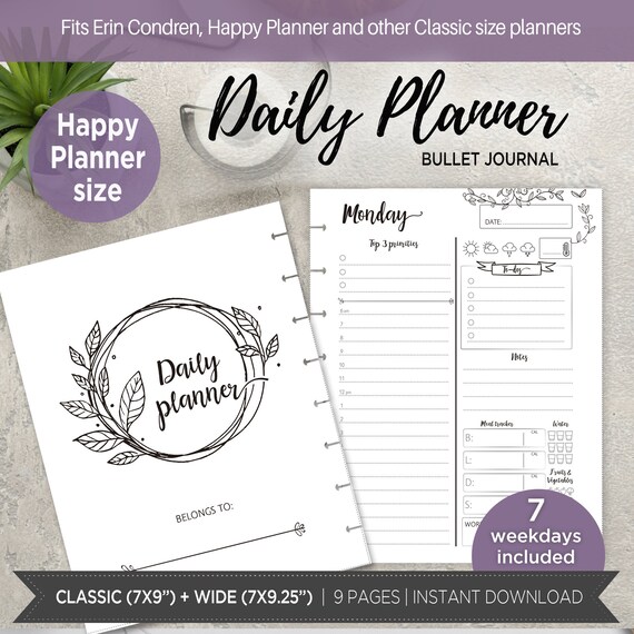 Daily Planner Printable for Bullet Jounal fits Happy | Etsy