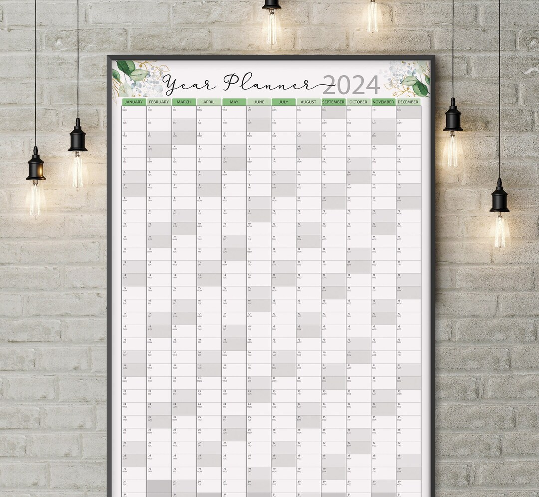 2024 Yearly Wall Calendar Printable, Botanical Yearly Wall Planner