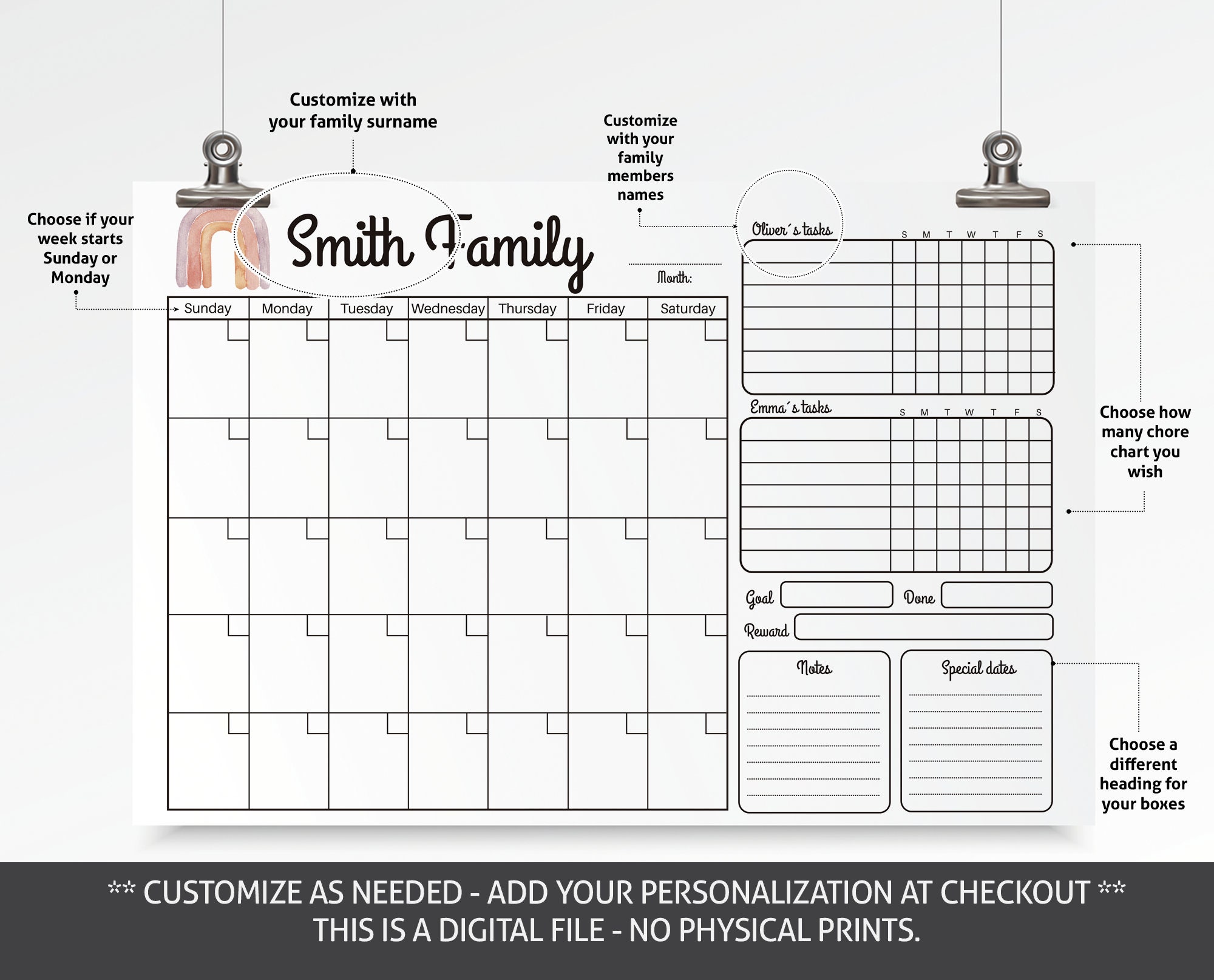 Family Calendar and Kids Chore Chart Printable, Custom Family Organizer