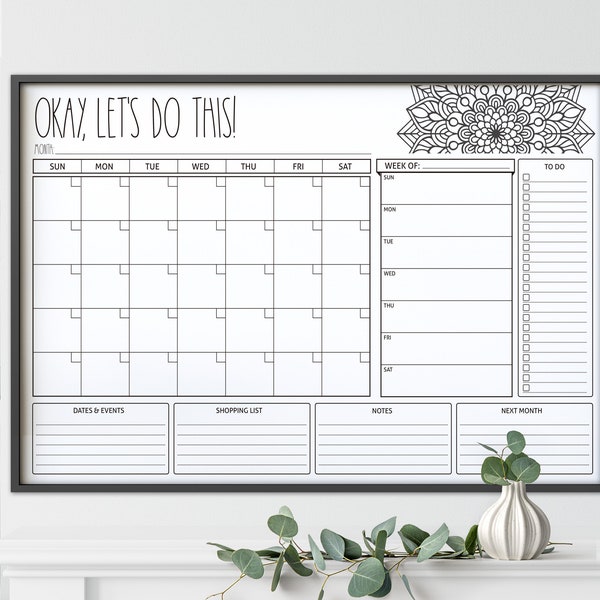Customizable Family Command Center - Monthly Routine Planner & Wall Organizer 24x36 Mandala art. Digital Printable File for Family Planning
