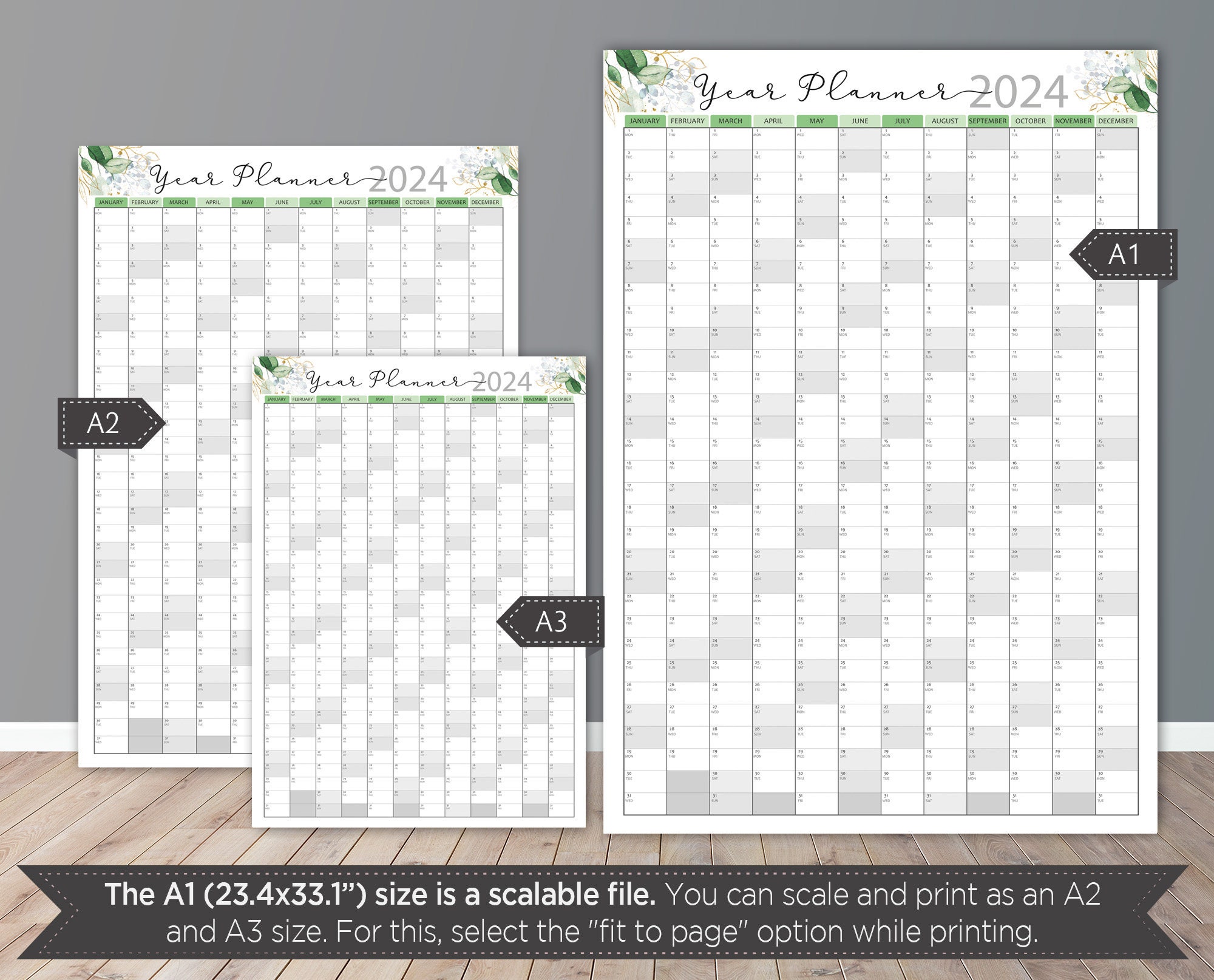 2024 Yearly Wall Calendar Printable, Botanical Yearly Wall Planner, Nature Year at a Glance One